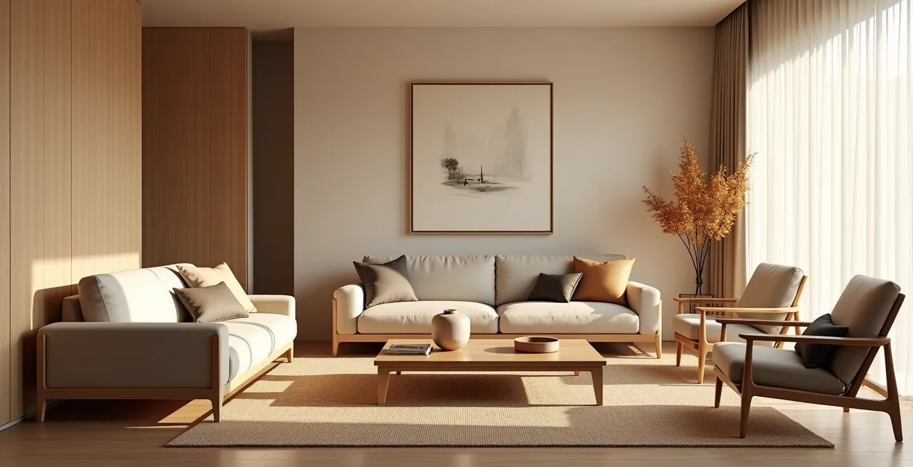 Salotto con divano basso e sedute ausiliarie più alte in stile Japandi italiano