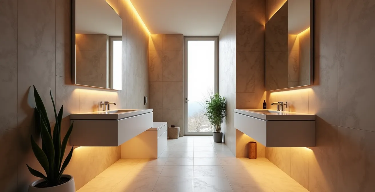 Bagno cieco di 5mq con sanitari sospesi, specchi strategici e illuminazione LED