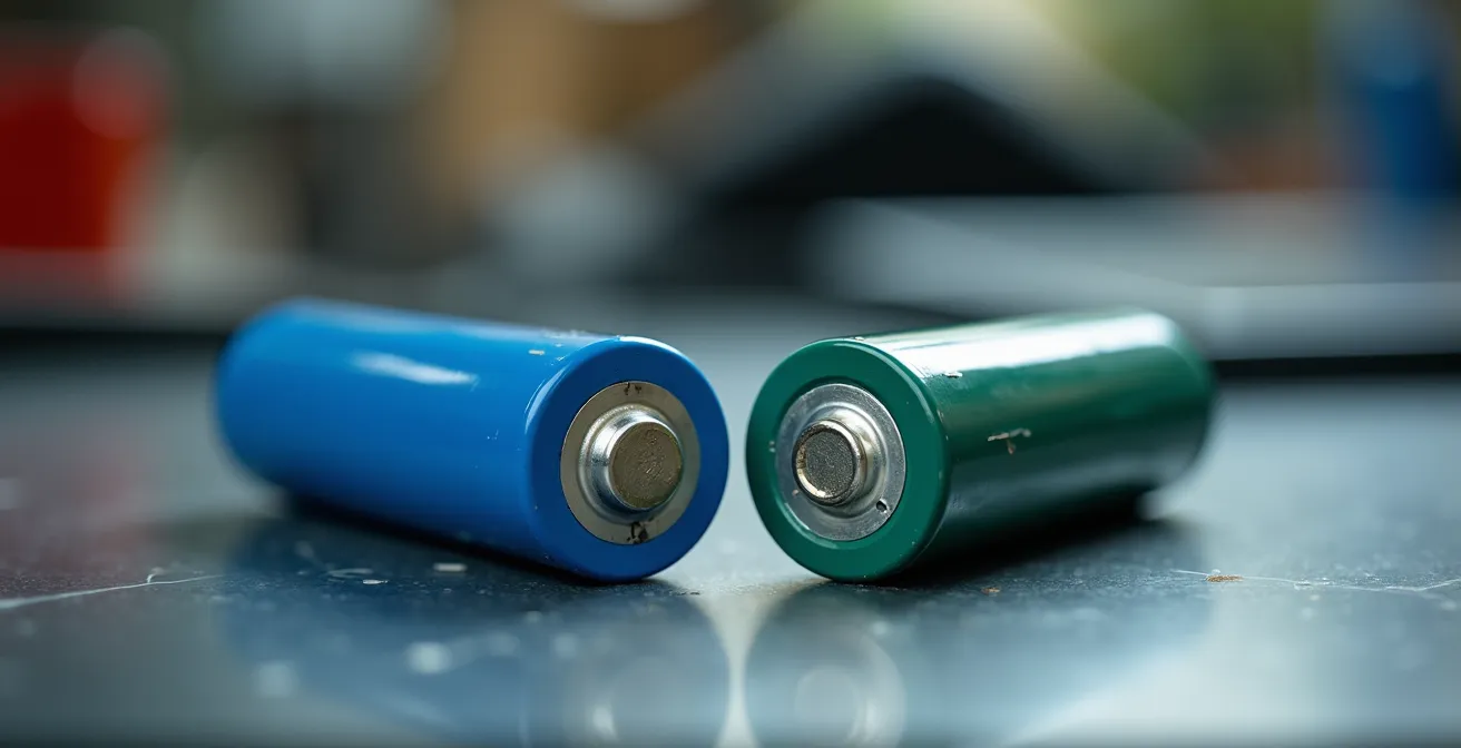 Dettaglio macro di batterie LiFePO4 e Ni-MH per lampade solari con texture e connettori visibili
