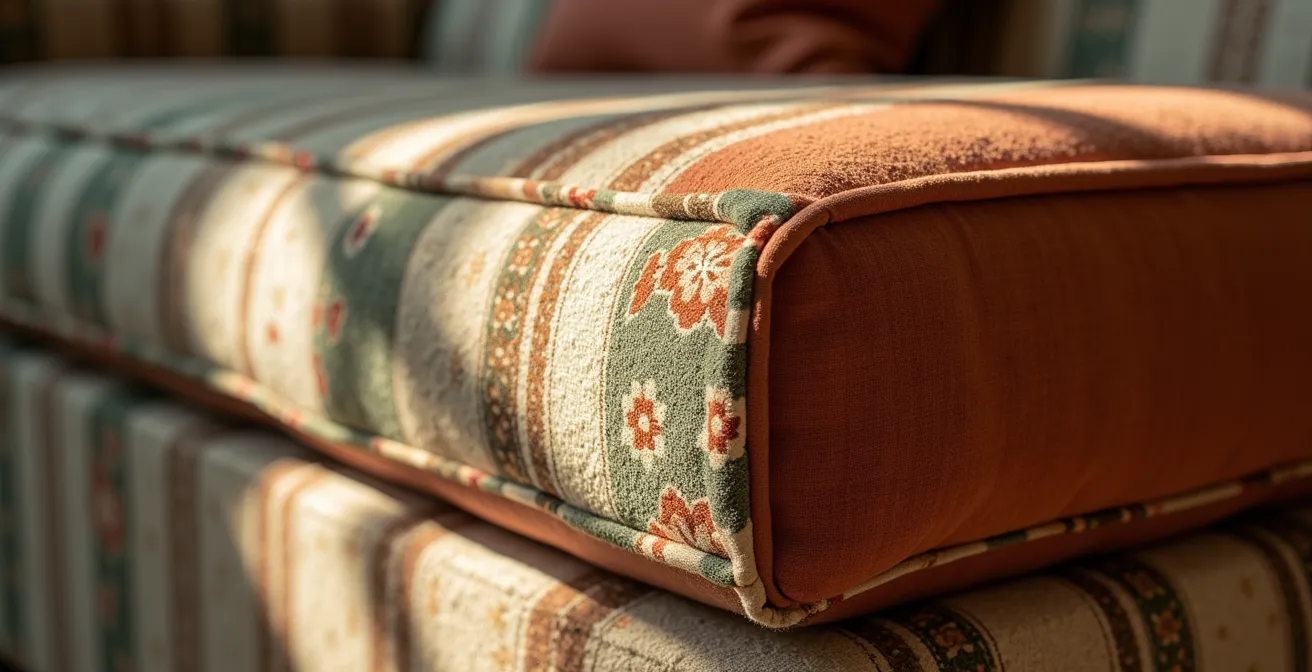 Dettaglio divano con cuscini di diverse fantasie abbinate armoniosamente