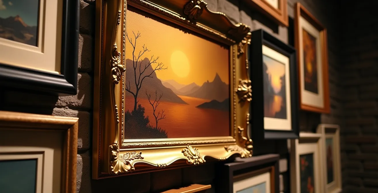 Arrangiamento gerarchico di quadri con opera principale e stampe complementari su una parete italiana.