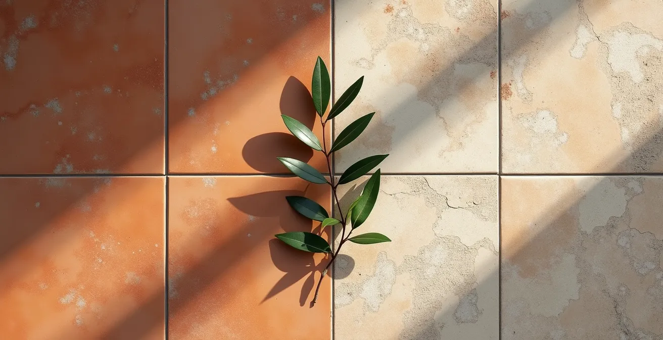 Dettaglio ravvicinato di pavimento metà cotto toscano e metà gres effetto travertino con luce naturale radente