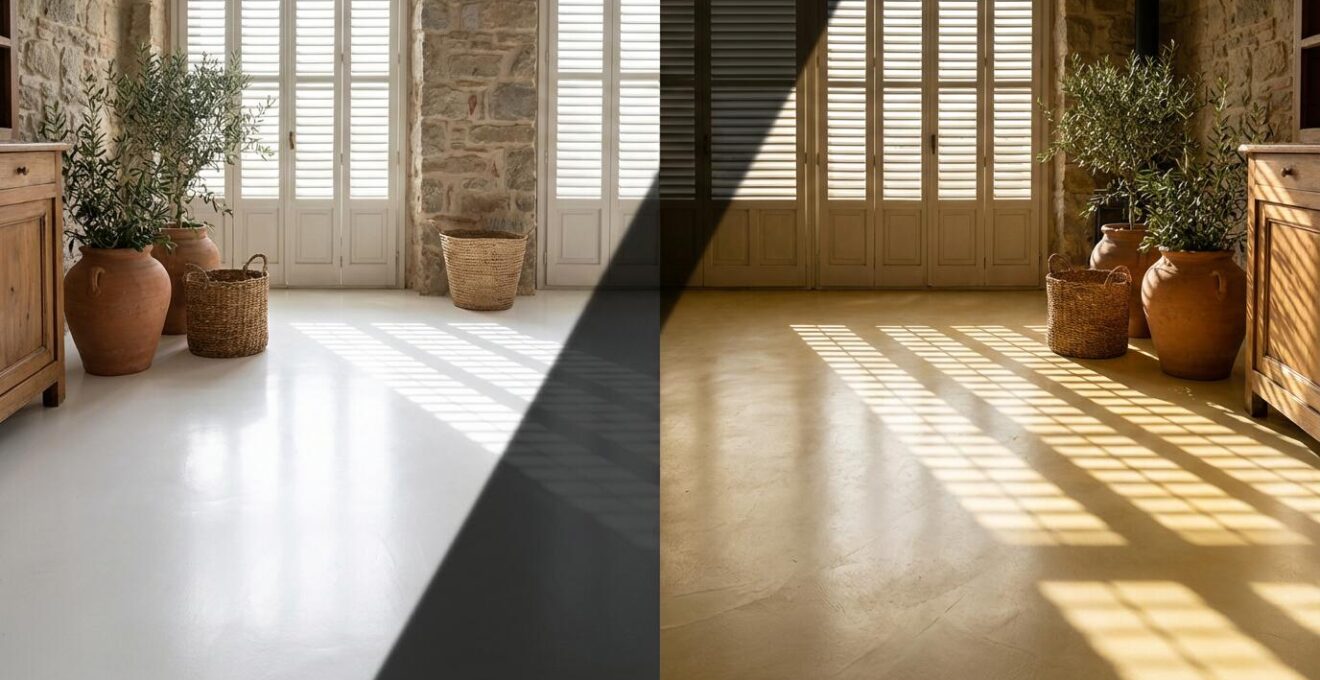 Confronto visivo tra resina protetta UV e resina ingiallita dal sole