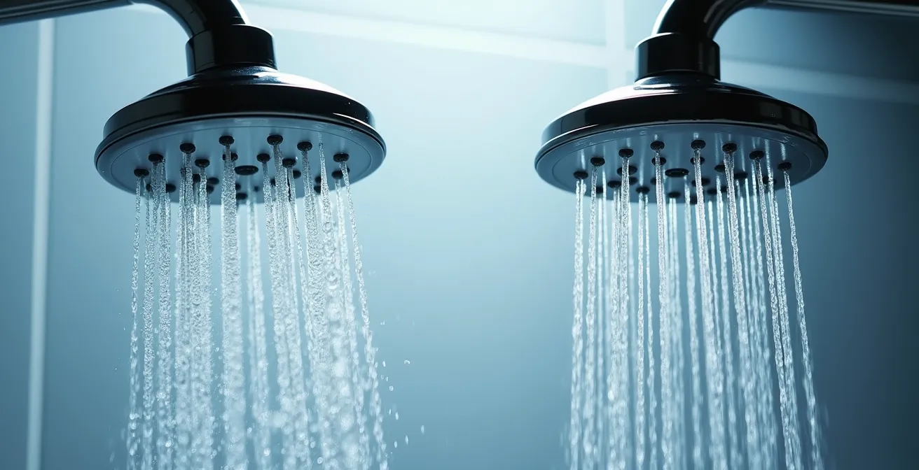 Confronto visivo tra getto doccia a pioggia e cascata con effetto rilassante