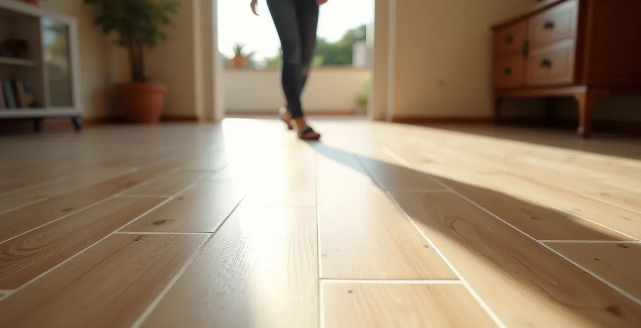 Pavimento gres effetto legno con luce radente che mostra differenze di finitura