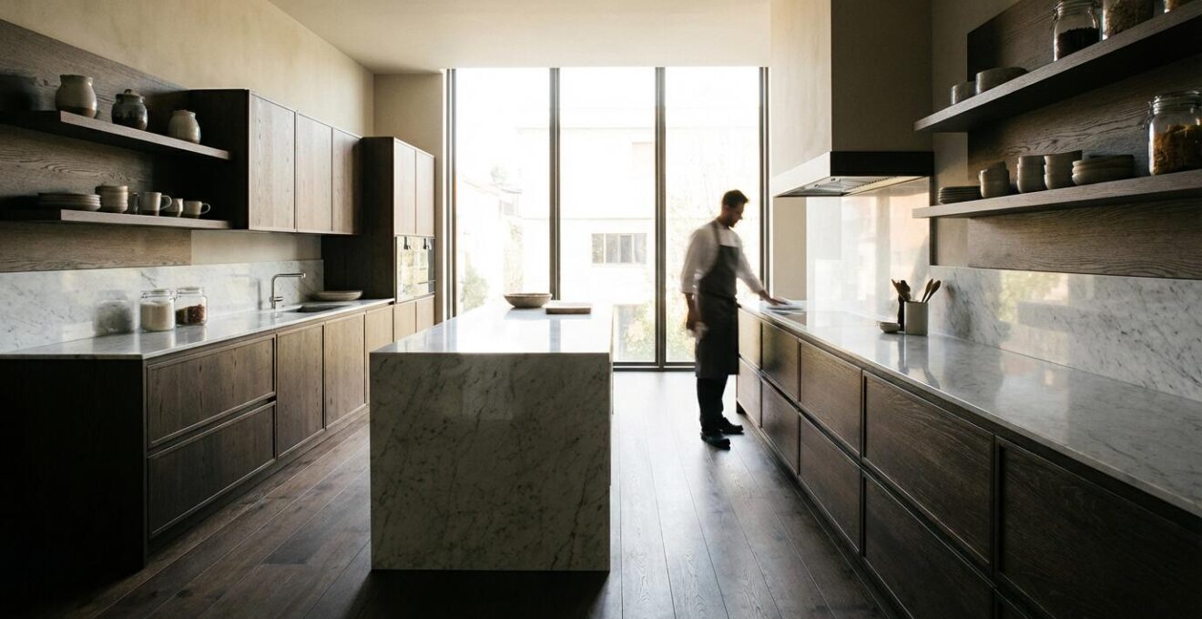 Cucina Made in Italy di alta gamma con isola centrale in marmo di Carrara e finiture in legno massello