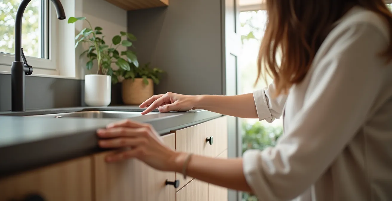 Cucina moderna con finiture neutre di qualità in un bilocale urbano