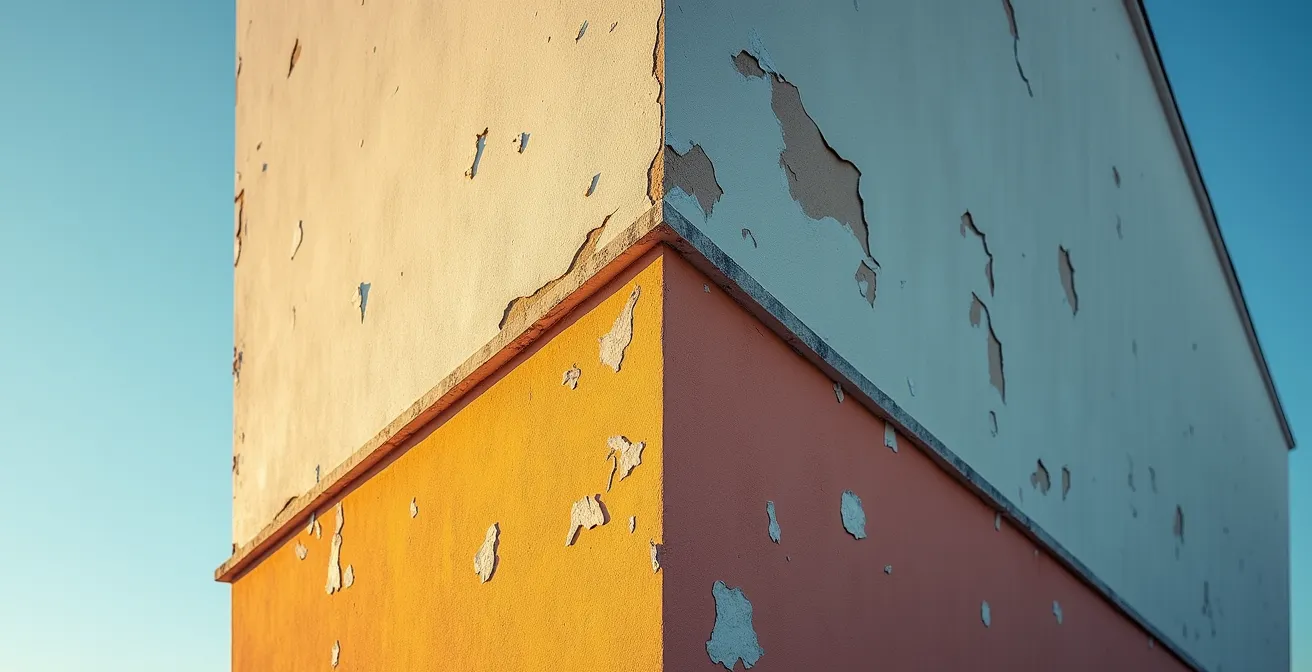 Facciata con cappotto termico che mostra la differenza tra una zona ben mantenuta e una degradata dall'esposizione solare, evidenziando l'importanza della manutenzione.