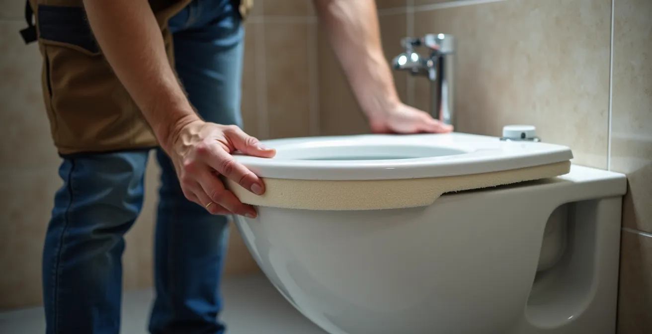 Vista ravvicinata dell'installazione del materassino isolante tra sanitario e parete piastrellata