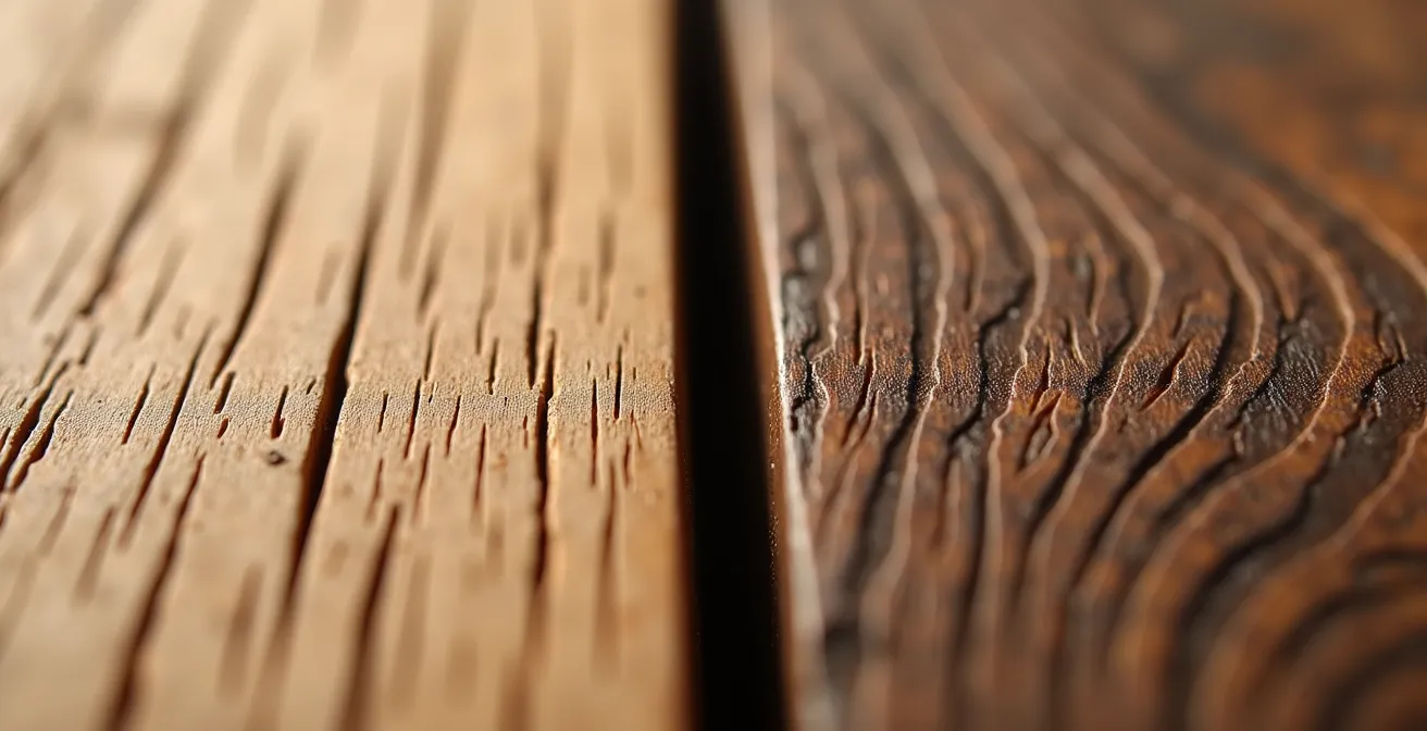 Dettaglio macro delle venature del rovere e del noce a confronto