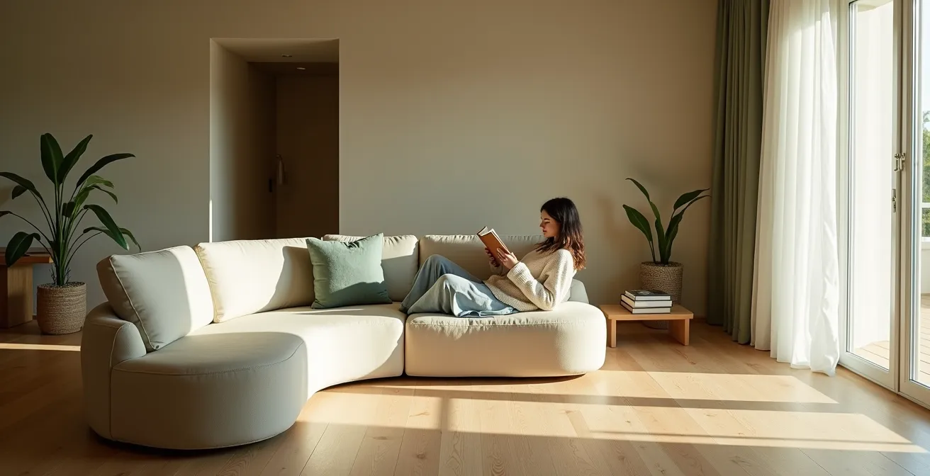 Divano dalle linee curve in un soggiorno minimalista italiano