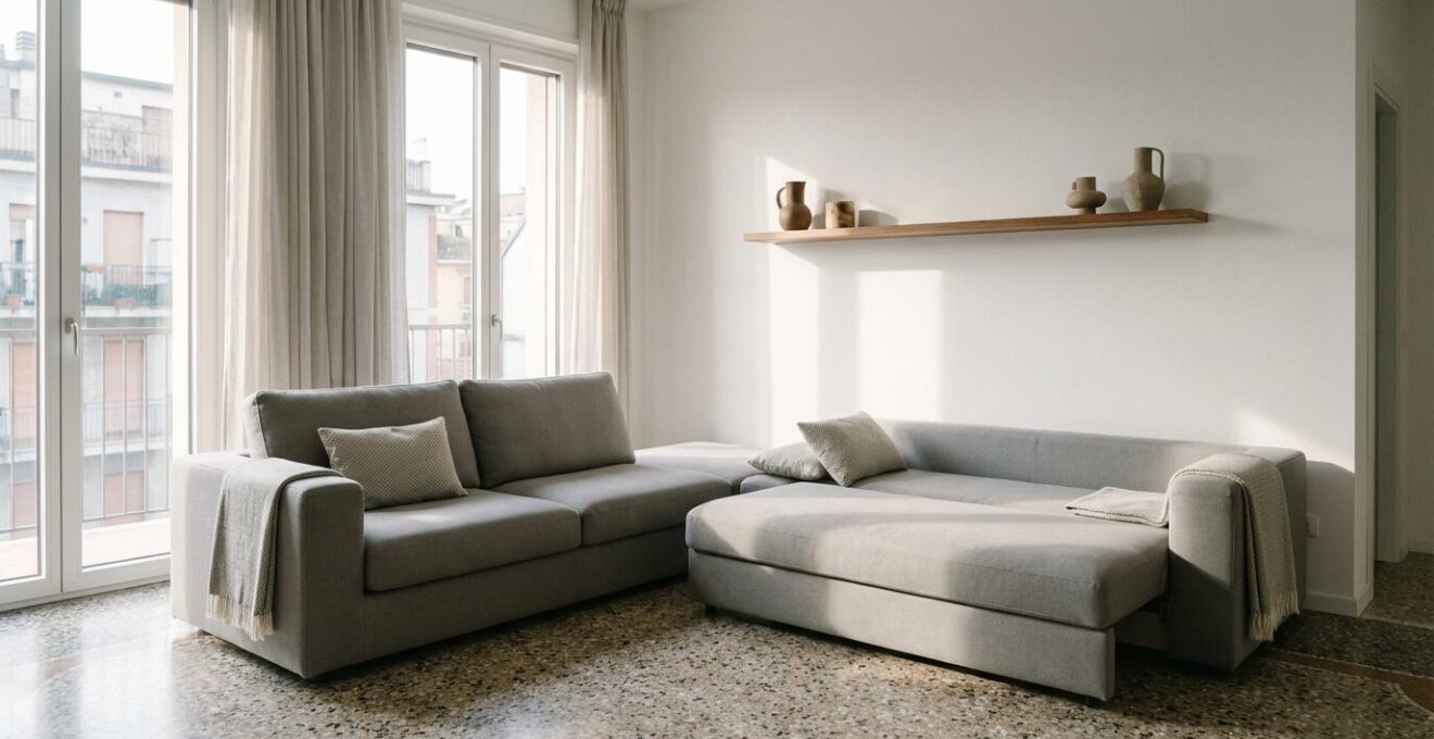 Divano modulare moderno in un soggiorno luminoso che si trasforma in camera per ospiti