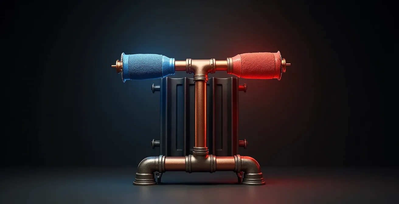 Schema tecnico della doppia temperatura di mandata per termosifoni in ghisa con sistema ibrido