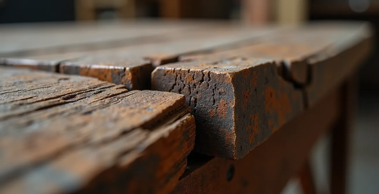 Dettaglio ravvicinato di giunzioni problematiche tra materiali diversi in un mobile recuperato