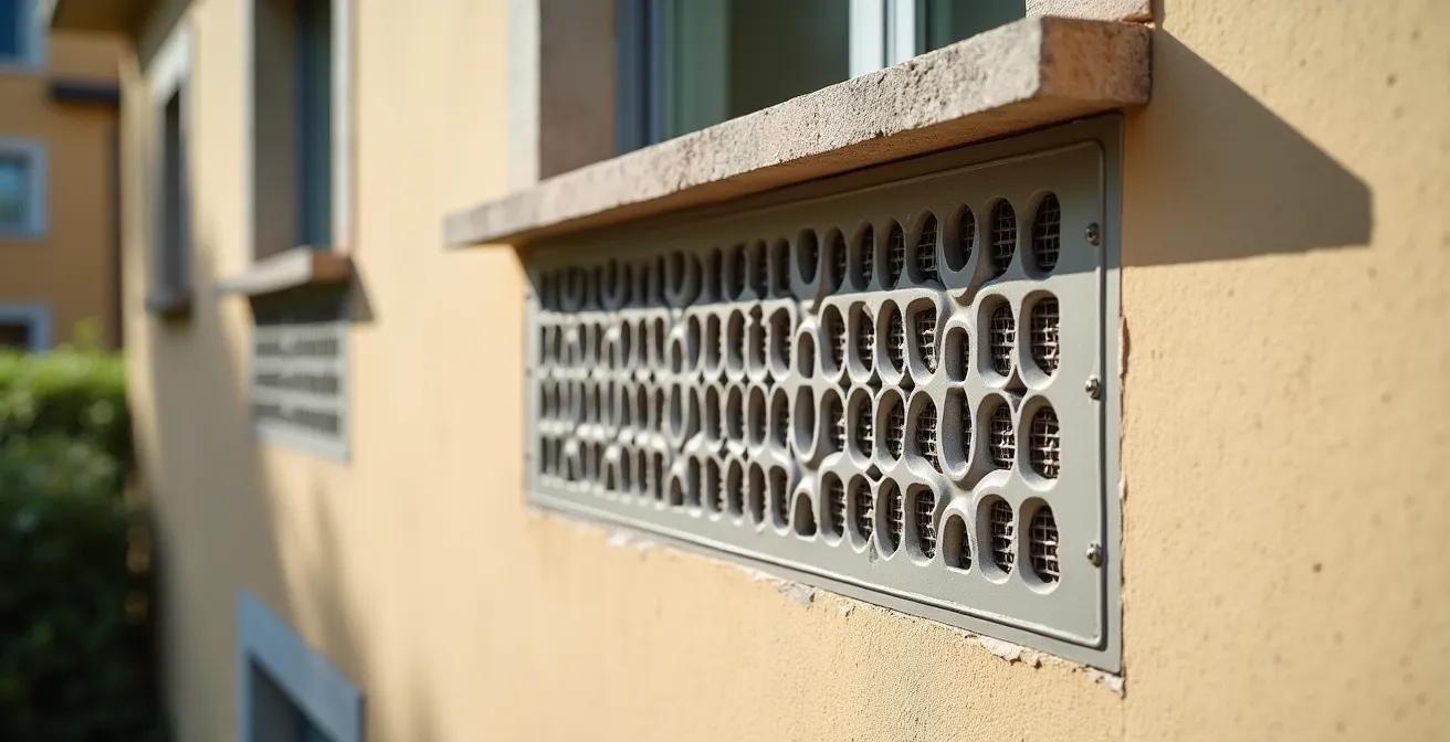 Facciata di condominio italiano con griglie VMC discrete sotto i davanzali delle finestre