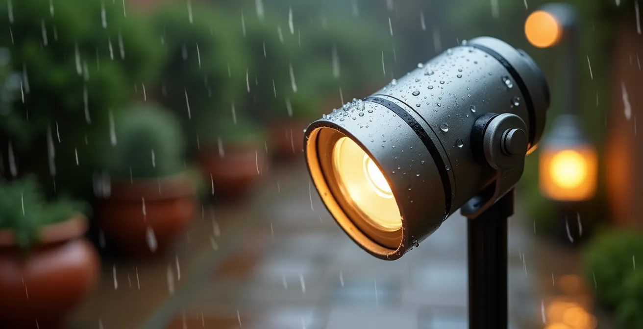 Faretti da giardino IP65 resistenti alla pioggia installati su vialetto italiano