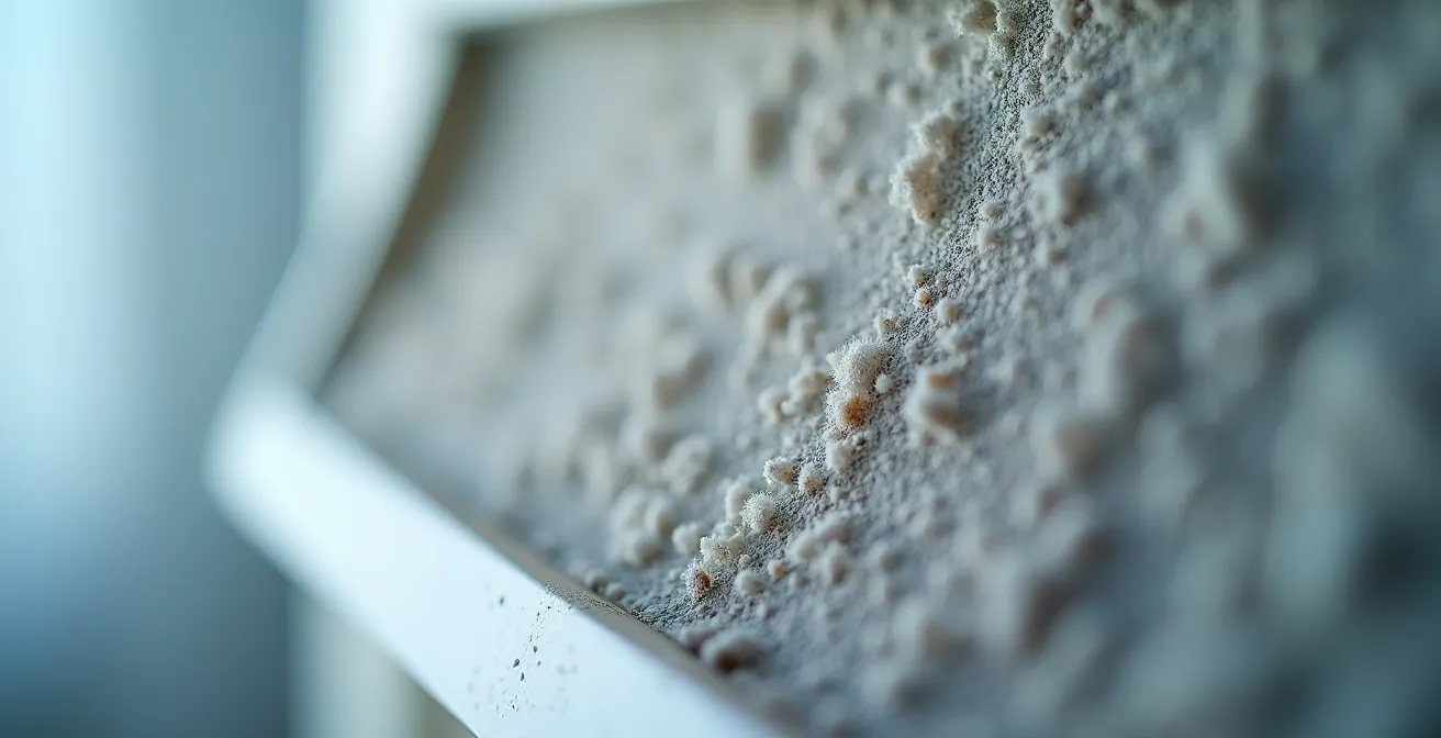 Dettaglio macro di filtro aria condizionatore con particelle di polvere visibili