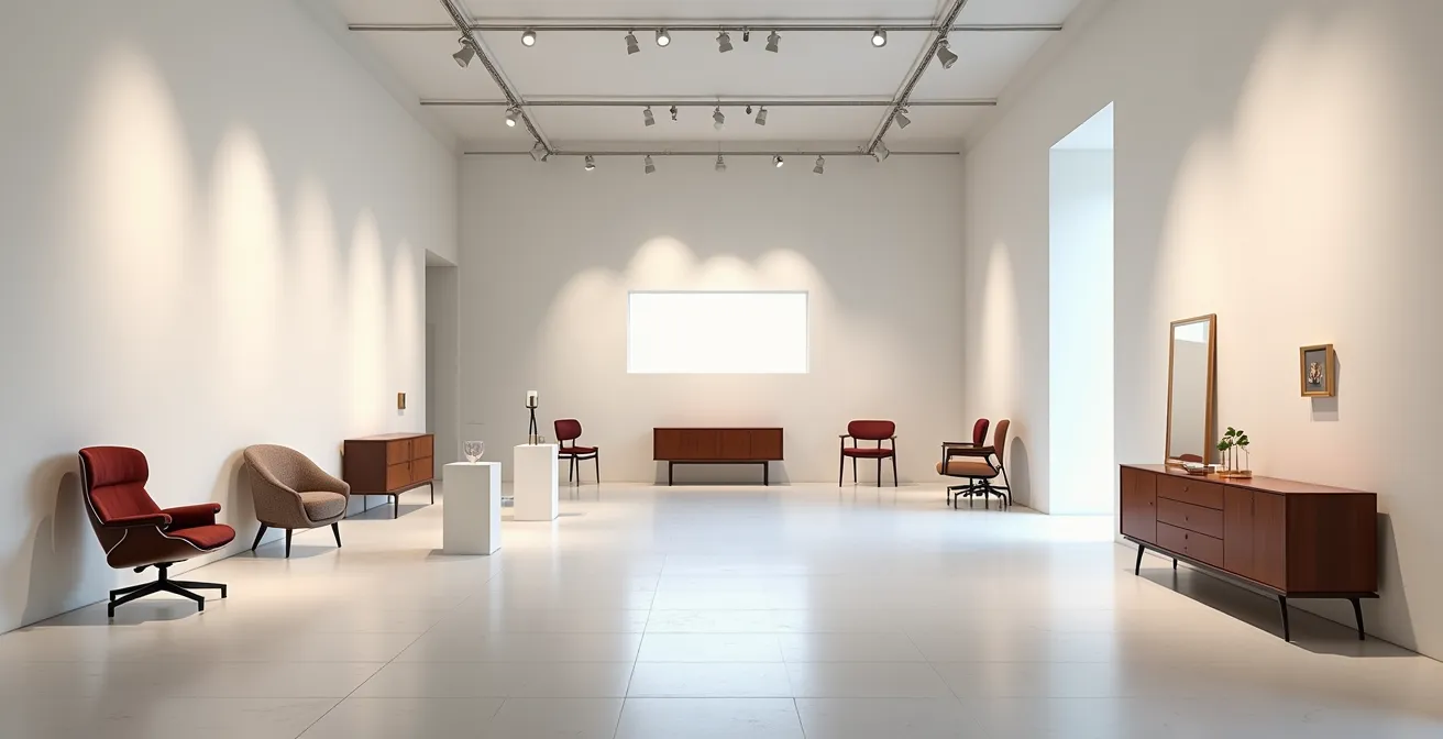 Interno di una sofisticata galleria di modernariato italiano con mobili anni '50 esposti come opere d'arte