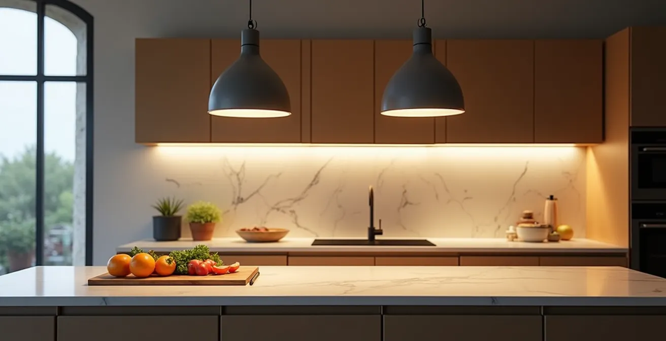 Sistema di illuminazione a strati per isola cucina con luci sospese e faretti integrati