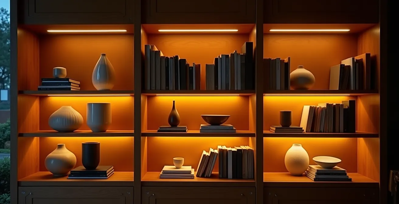 Libreria moderna con illuminazione LED integrata che crea un'atmosfera calda e accogliente nel soggiorno