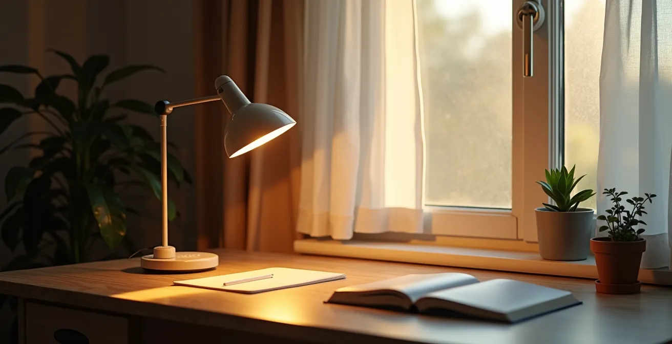 Sistema di illuminazione stratificata per postazione di lavoro domestica con luce naturale e artificiale