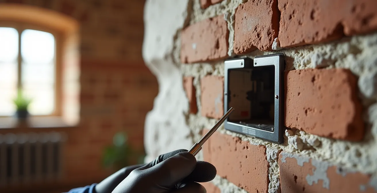 Dettaglio ravvicinato installazione tablet con scatola elettrica 503 in muro di mattoni
