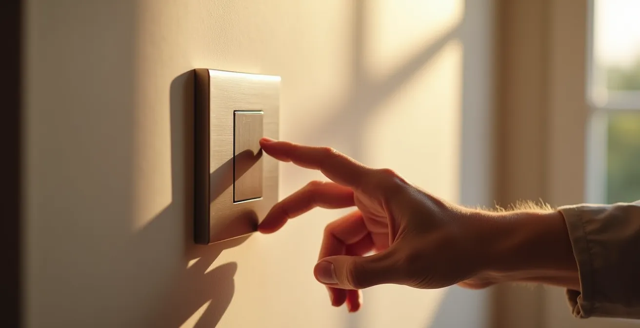 Mano che preme interruttore smart italiano Living Now con modulo Shelly nascosto