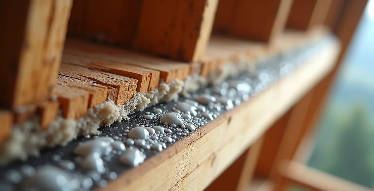 Sezione tecnica di tetto in legno con installazione freno a vapore igrovariabile e materiali isolanti