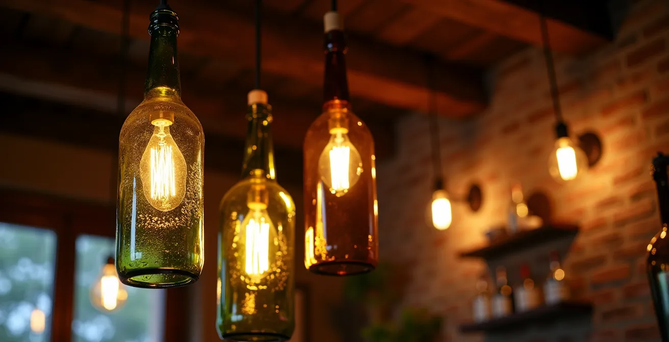 Composizione di lampadari realizzati con bottiglie di vino italiano trasformate in punti luce eleganti