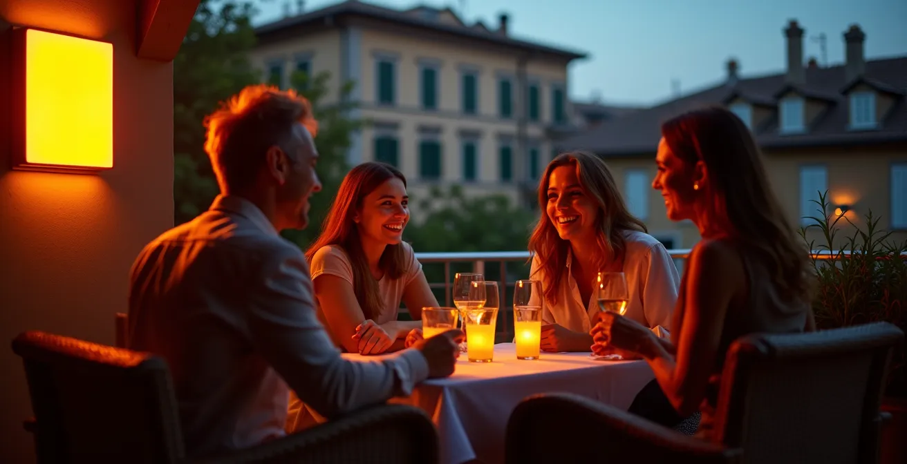 Terrazzo italiano illuminato con lampade riscaldanti a infrarossi durante serata estiva