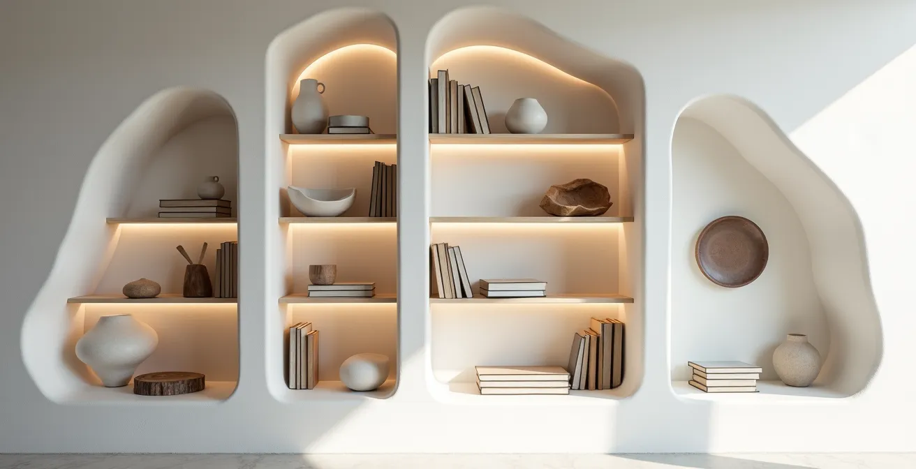 Libreria curva in muratura bianca con nicchie illuminate e oggetti in ceramica artigianale italiana