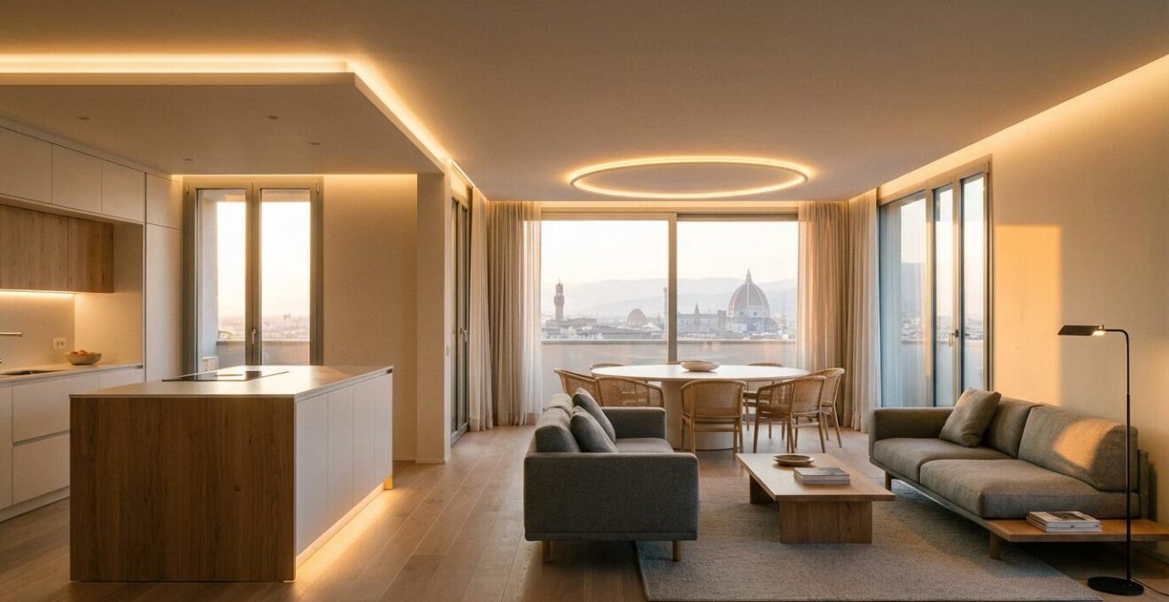 Living moderno open space con diverse zone illuminate e definite attraverso la luce