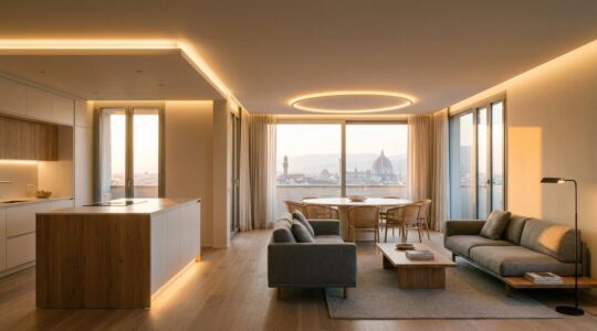 Living moderno open space con diverse zone illuminate e definite attraverso la luce