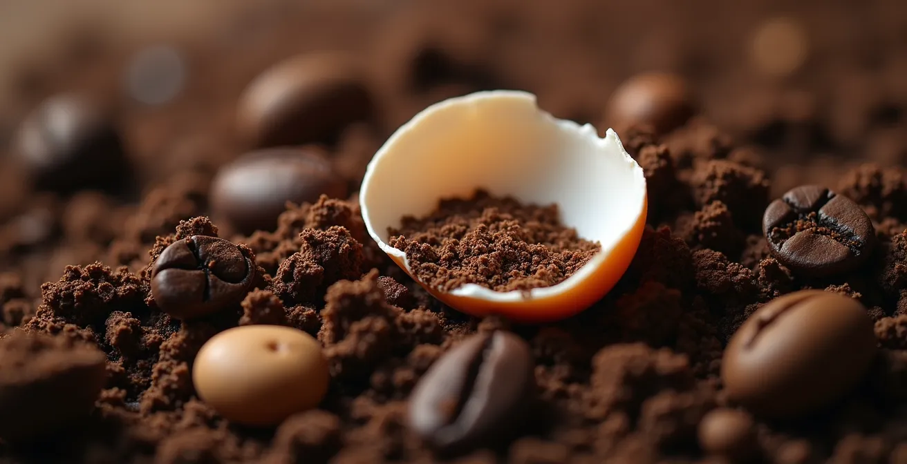 Dettaglio ravvicinato di terriccio arricchito con fondi di caffè e gusci d'uovo per pomodori