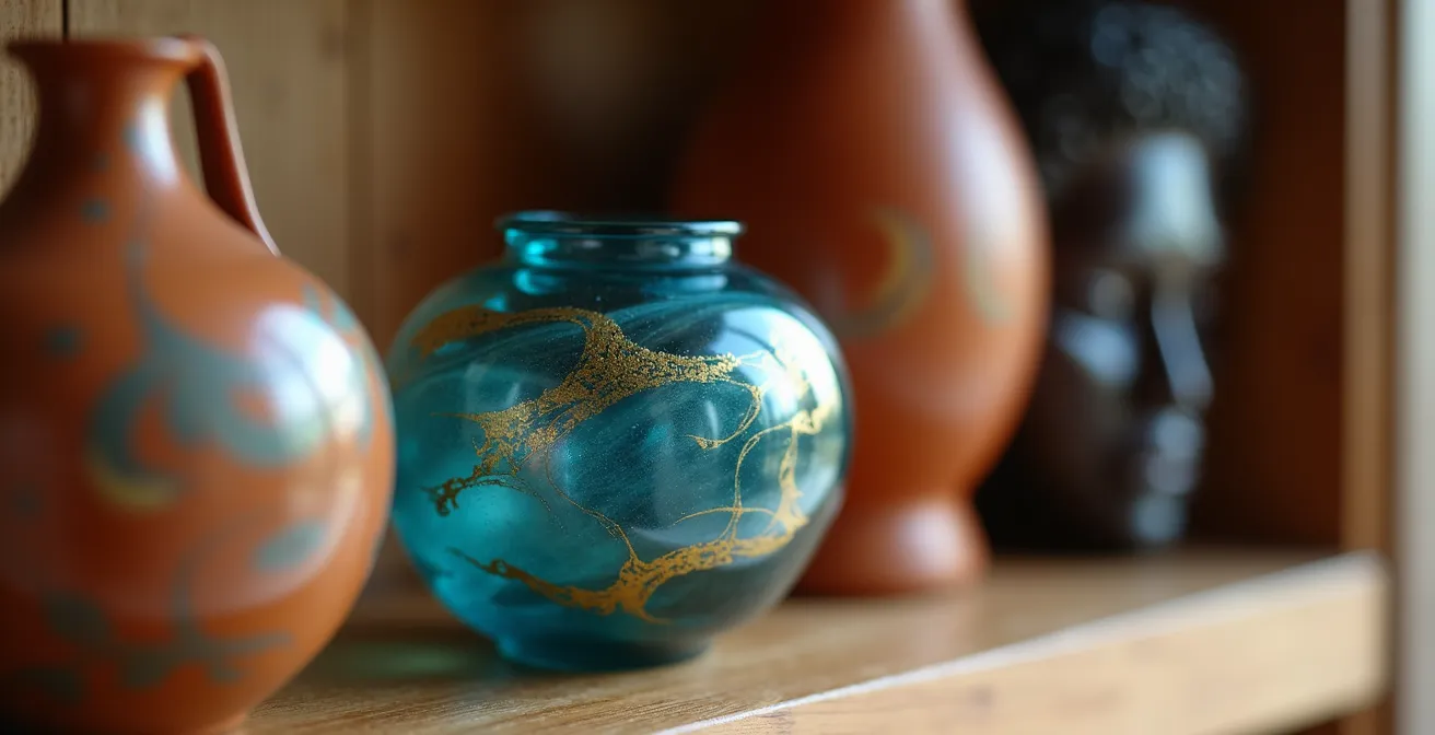 Mensola con souvenir di viaggio organizzati come un museo personale, con un pezzo di vetro di Murano al centro.