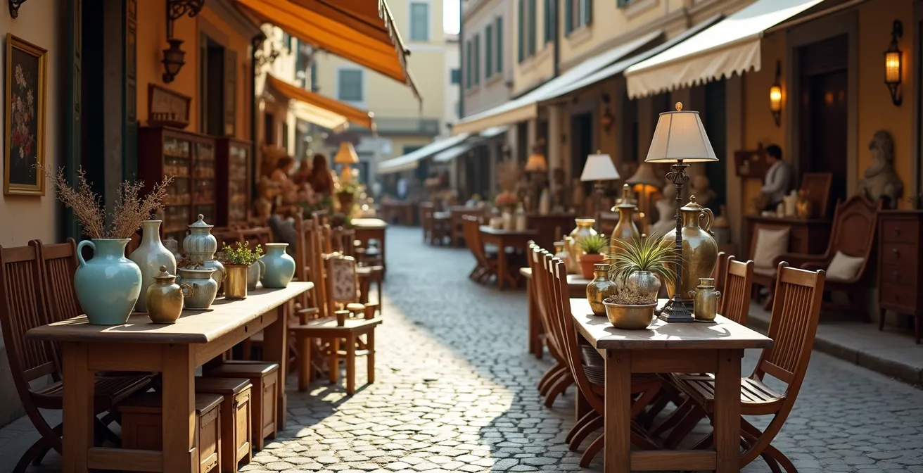 Banco di un mercatino dell'usato italiano con mobili vintage e oggetti d'epoca esposti