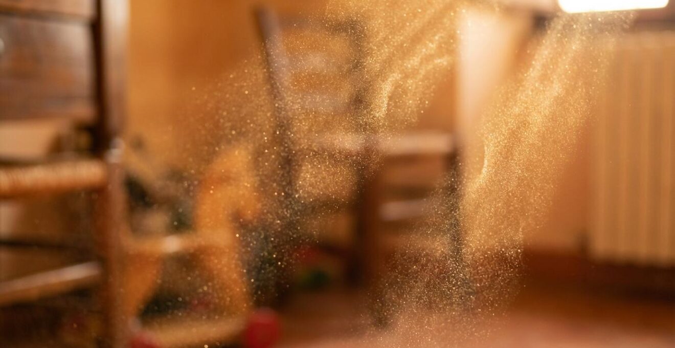 Rappresentazione astratta di particelle invisibili nell'aria di una stanza