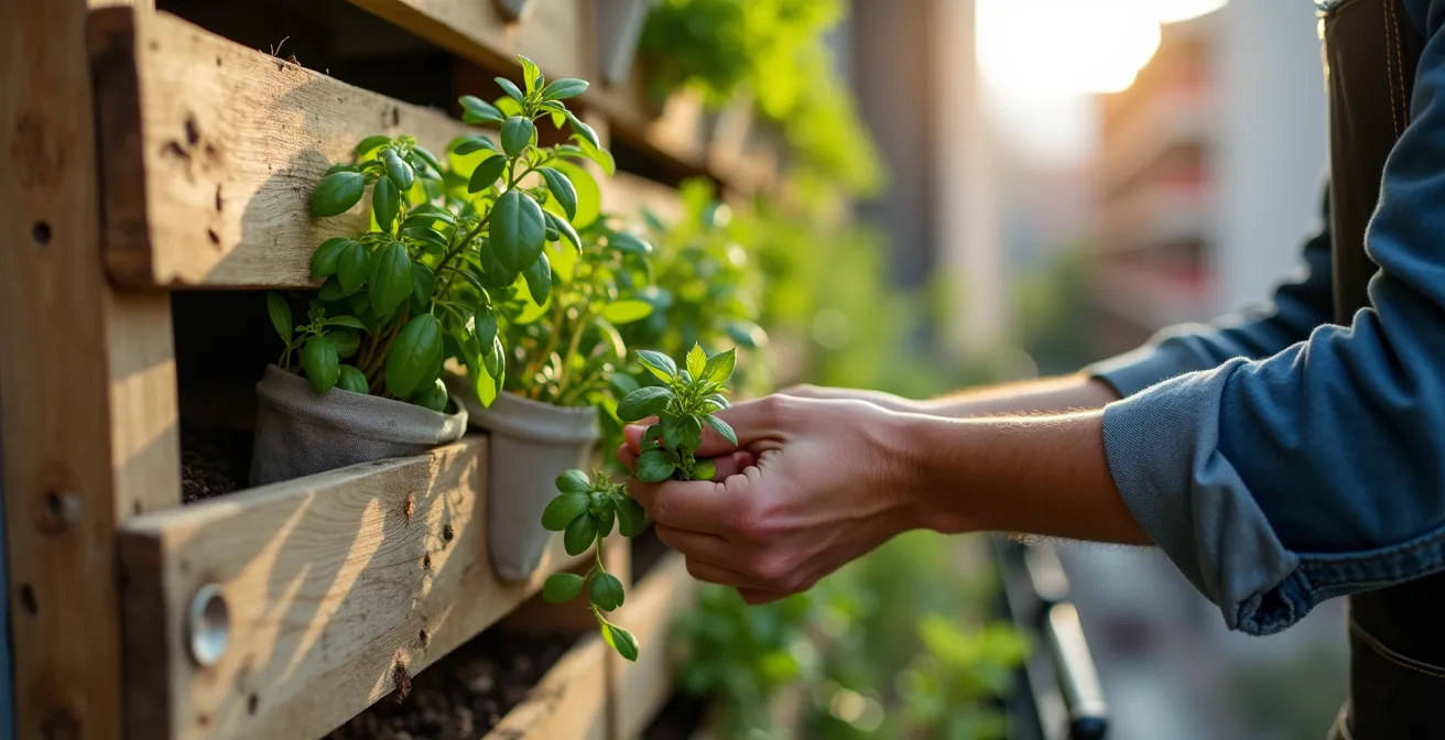 Sistema di coltivazione verticale con pallet riciclato su balcone urbano