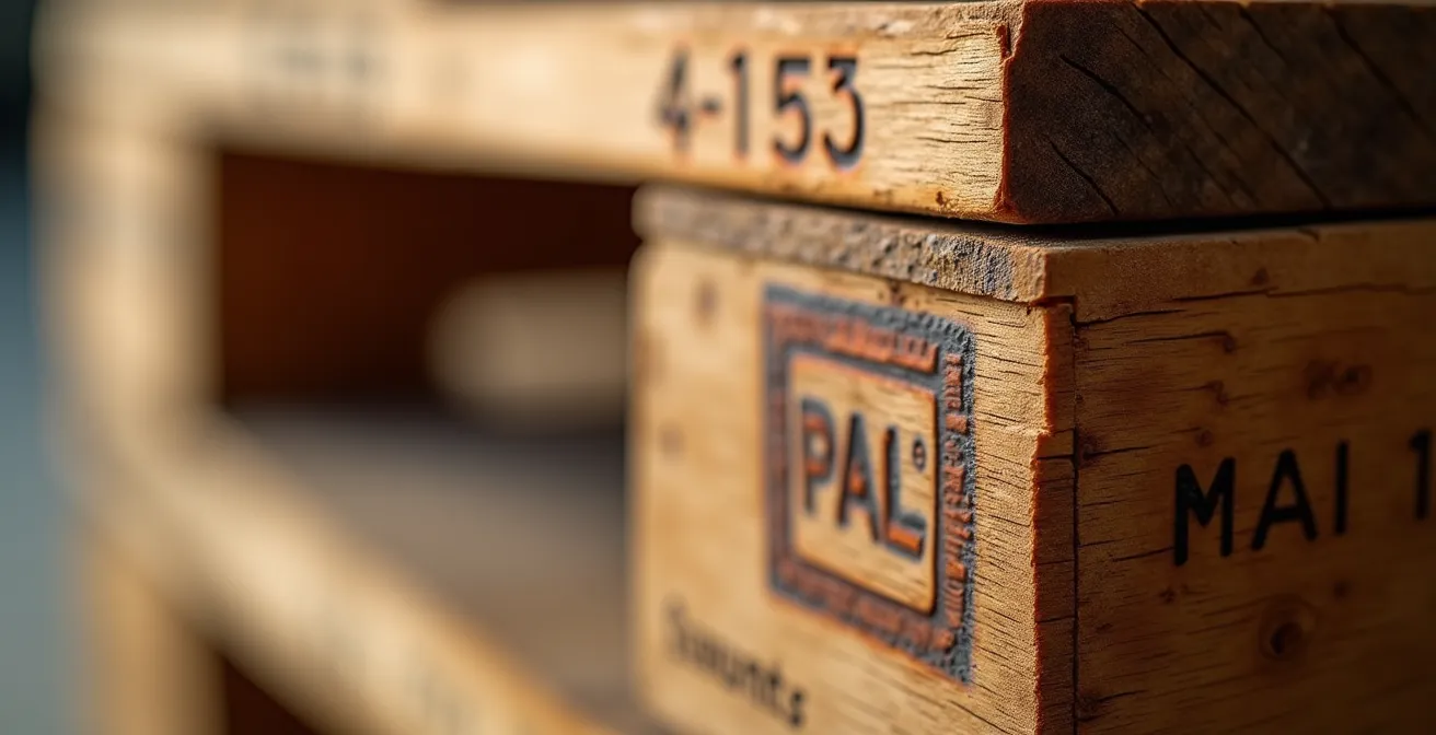 Dettaglio macro della marcatura HT su pallet EPAL certificato mostrando le venature del legno trattato