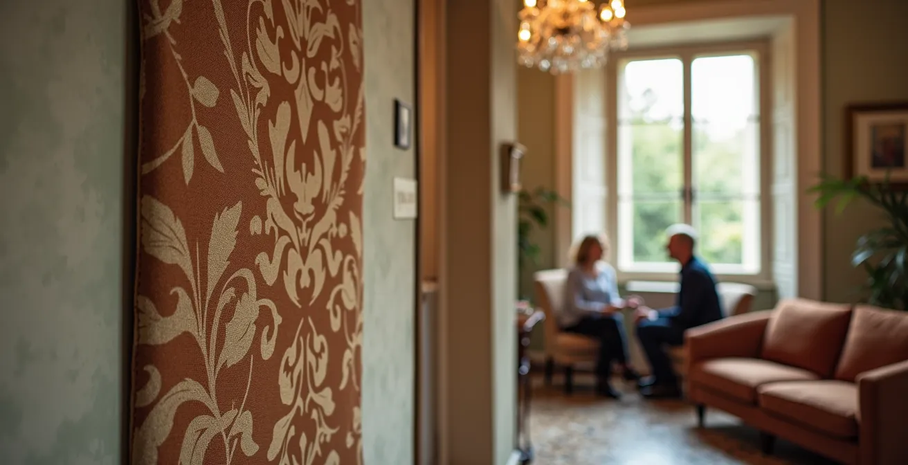 Elegante salotto italiano con pannelli fonoassorbenti decorativi alle pareti