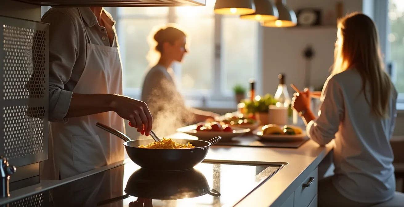Isola cucina con elegante para-schizzi in metallo traforato e piano cottura integrato
