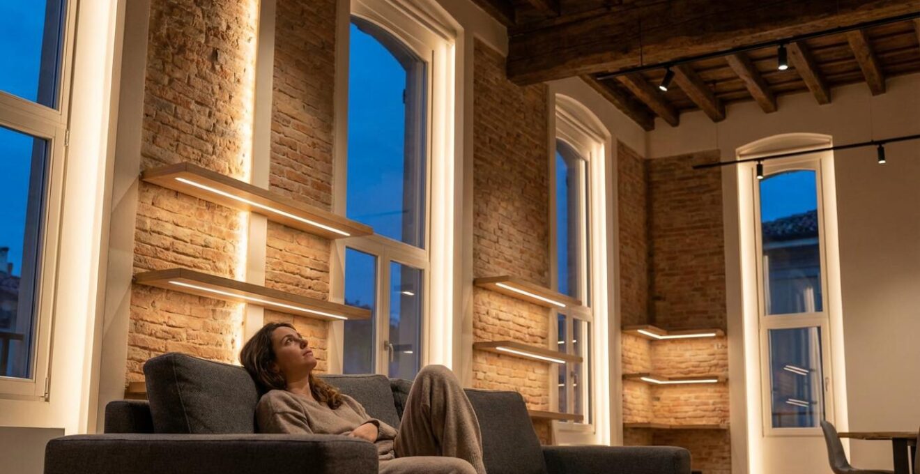 Parete a tutta altezza con illuminazione verticale wall grazing in living moderno