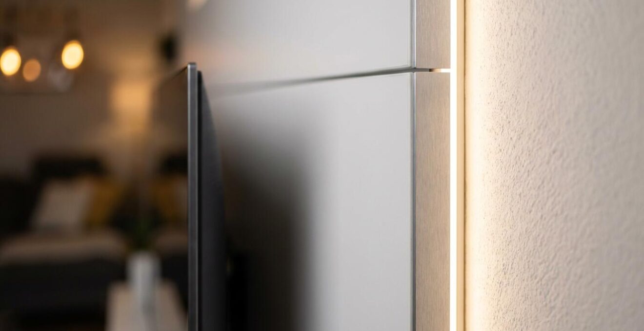 Parete attrezzata minimalista con sistema di gestione cavi integrato e retroilluminazione LED