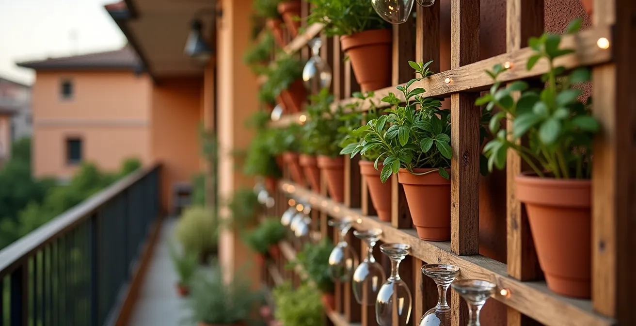 Parete attrezzata con grigliato in legno su balcone con piante mediterranee e luci LED