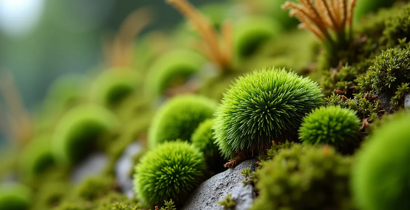 Parete di muschio stabilizzato con diverse texture e tonalità verdi in un ufficio domestico