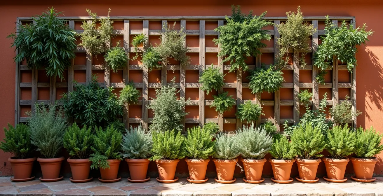 Parete attrezzata con grigliato in legno e piante aromatiche mediterranee