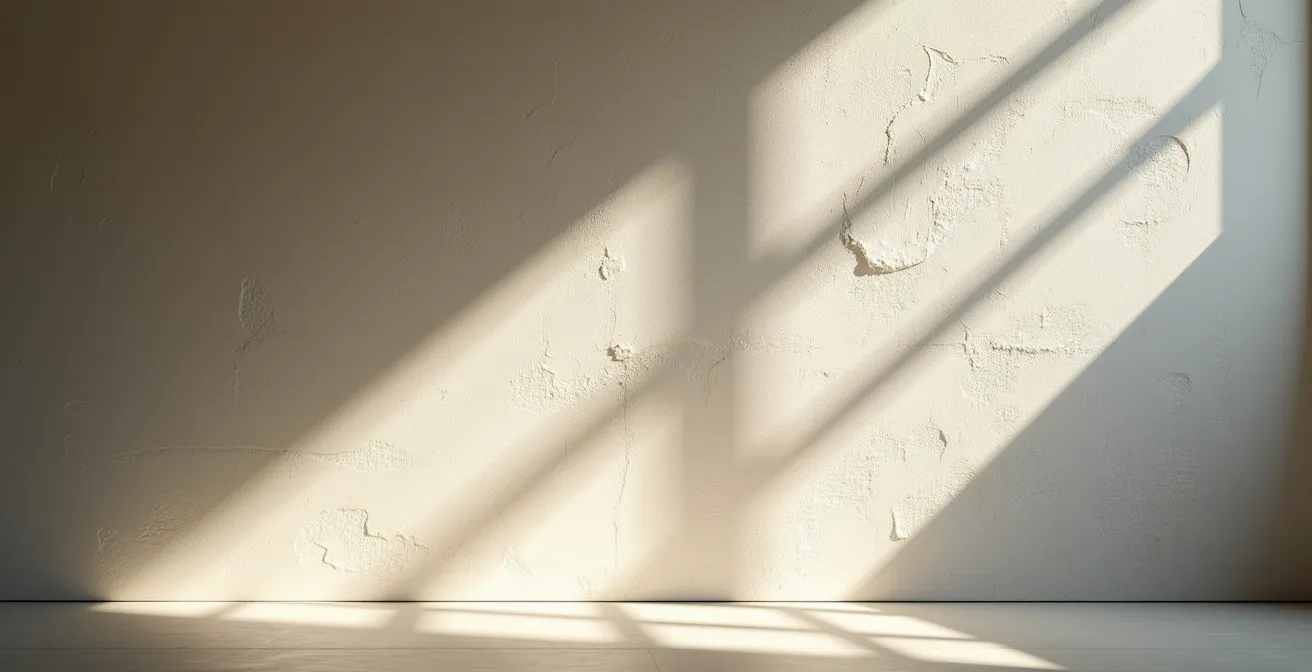 Parete minimalista con luce radente che evidenzia la texture dell'intonaco naturale