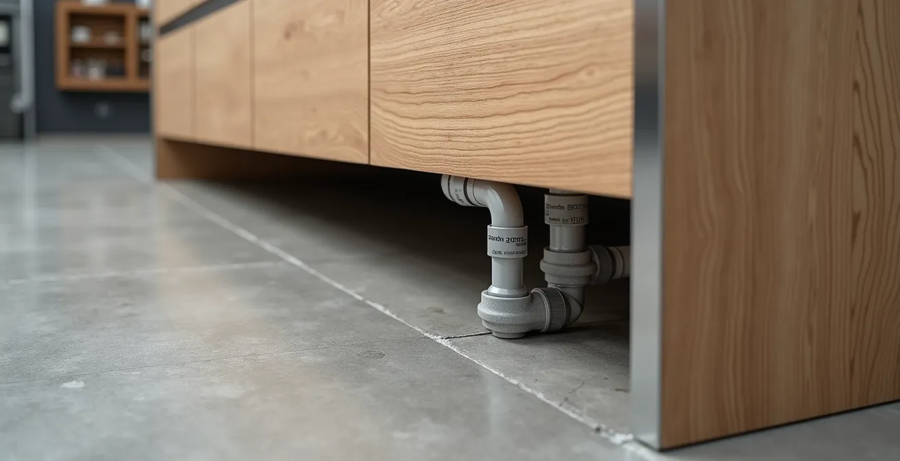 Vista laterale di isola cucina con pedana tecnica rialzata che nasconde tubazioni gas e scarichi