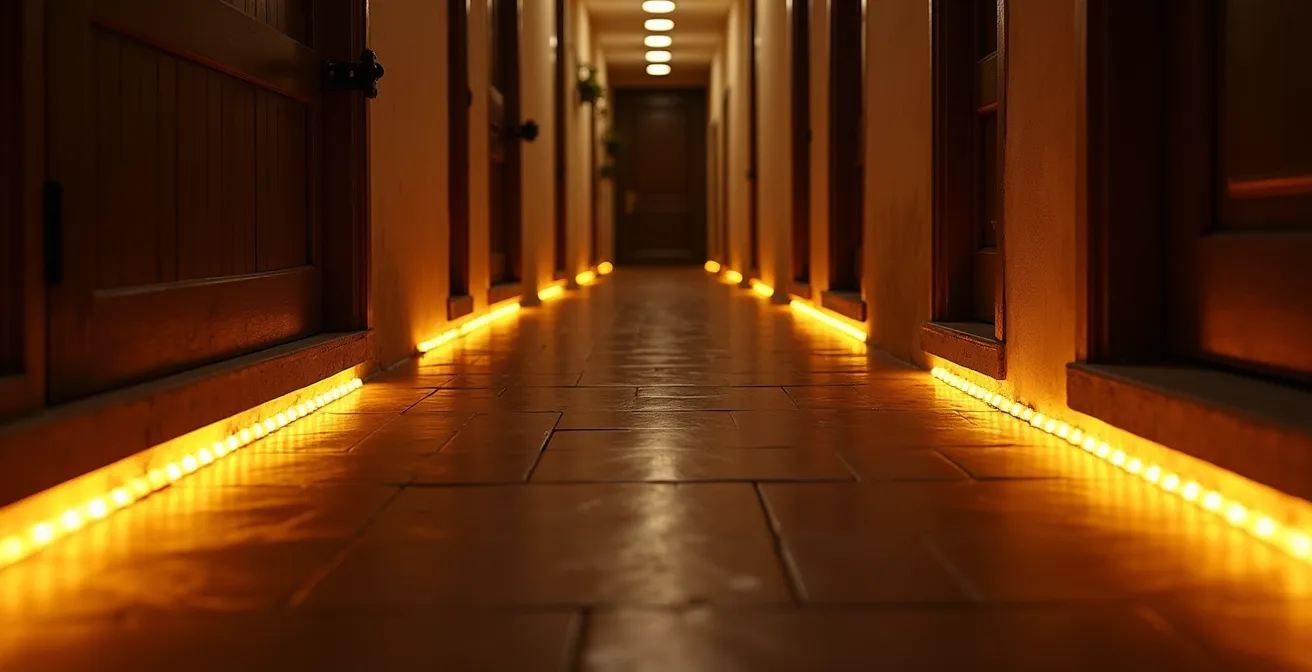 Corridoio con luci LED soffuse che creano un percorso sicuro verso il bagno