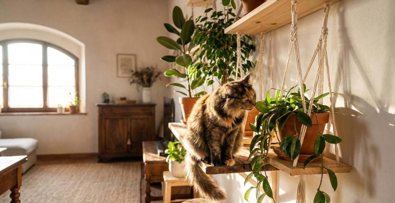 Un gatto interagisce in sicurezza con piante non tossiche su mensole, mentre le piante tossiche sono posizionate più in alto.